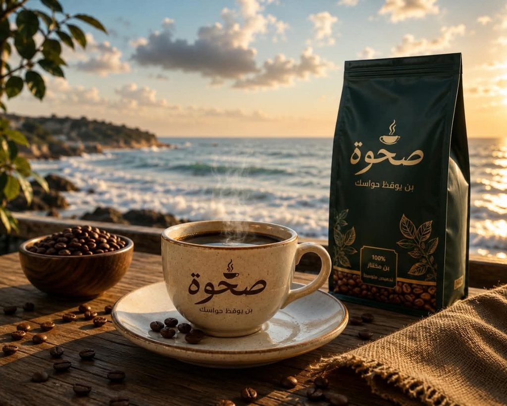 A cup of coffee and a bag of Sahwa coffee beans on a wooden table by the sea at sunset