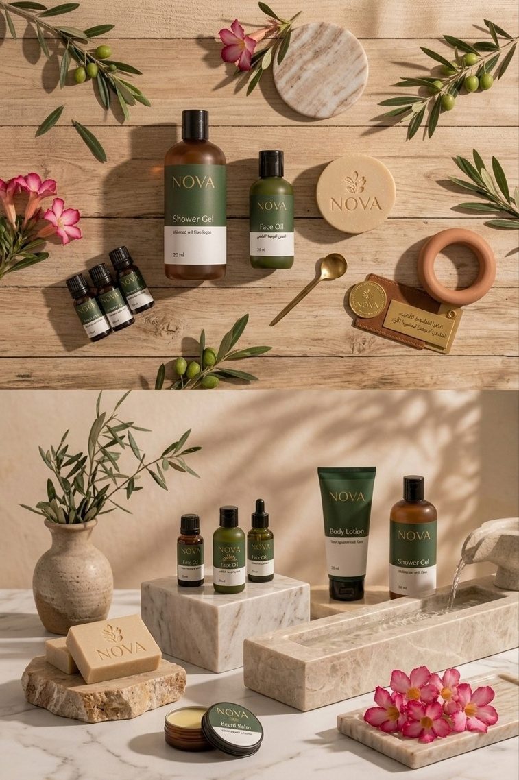 NOVA shower gel, face oil and soap on a wooden table with olive branches