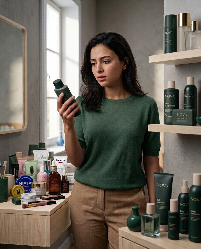 A woman comparing many skincare products on a shelf, with NOVA products behind her