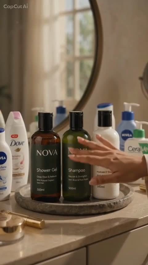 A hand holding a NOVA dropper bottle