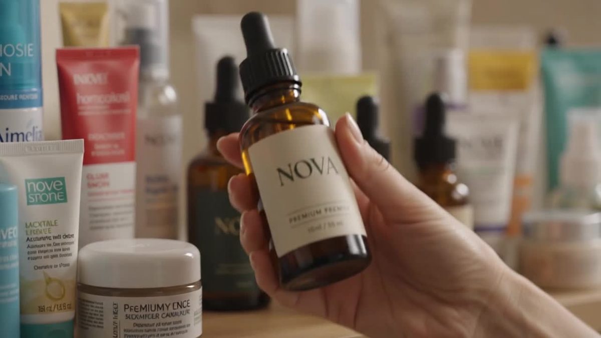 A hand reaching for NOVA shower gel and shampoo among other brands